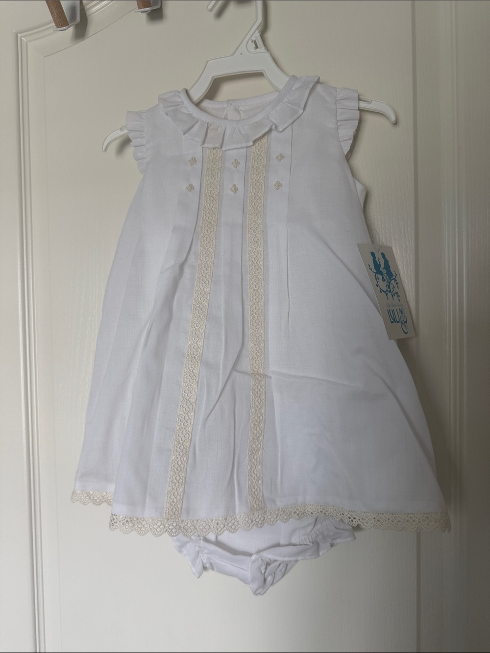 Luli & Me White Dress Set with Cream Trim Hand Embroidered